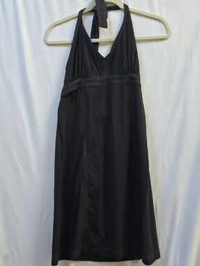 Athleta Black Halter Midi Dress with Contrast Stitching Side Zipper